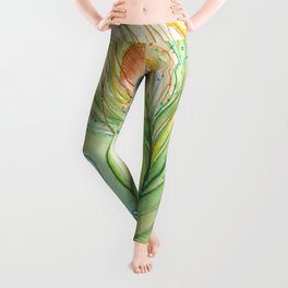 Green Watercolor Peacock Feather and Bubbles Leggings