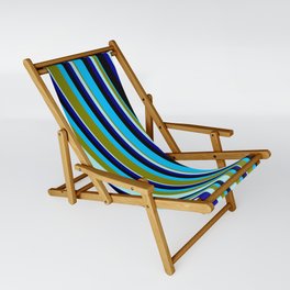 [ Thumbnail: Eyecatching Deep Sky Blue, Green, Turquoise, Dark Blue, and Black Colored Pattern of Stripes Sling Chair ]