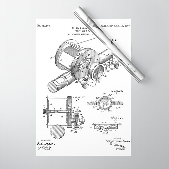 Fishing Reel Patent - Fishing Rod Art - Black And White Wrapping Paper