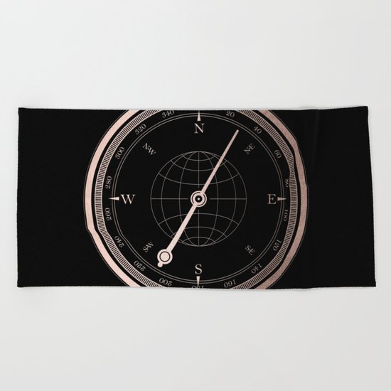 Rose Gold Compass on Black Beach Towel
