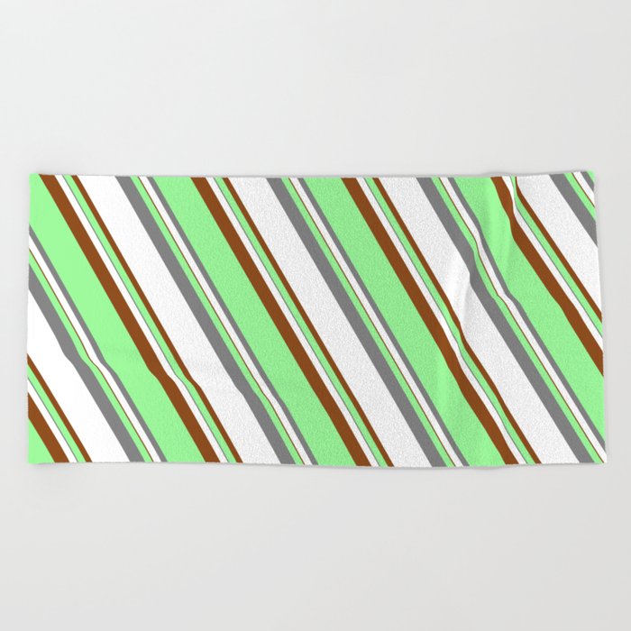 Green, Grey, White, and Brown Colored Lined/Striped Pattern Beach Towel