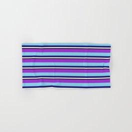 [ Thumbnail: Vibrant Dark Orchid, Sky Blue, Midnight Blue, White & Black Colored Pattern of Stripes Hand & Bath Towel ]