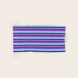 [ Thumbnail: Vibrant Dark Orchid, Sky Blue, Midnight Blue, White & Black Colored Pattern of Stripes Hand & Bath Towel ]