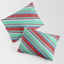 [ Thumbnail: Powder Blue, Aquamarine, Blue, and Red Colored Lined/Striped Pattern Pillow Sham ]