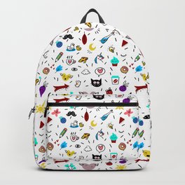 Vintage funny cats, unicorns, flowers and fruits pattern Backpack | Eye, Rentro, Clouds, Pizza, Cat, Birds, Leaves, Coffee, Food, Fruit 