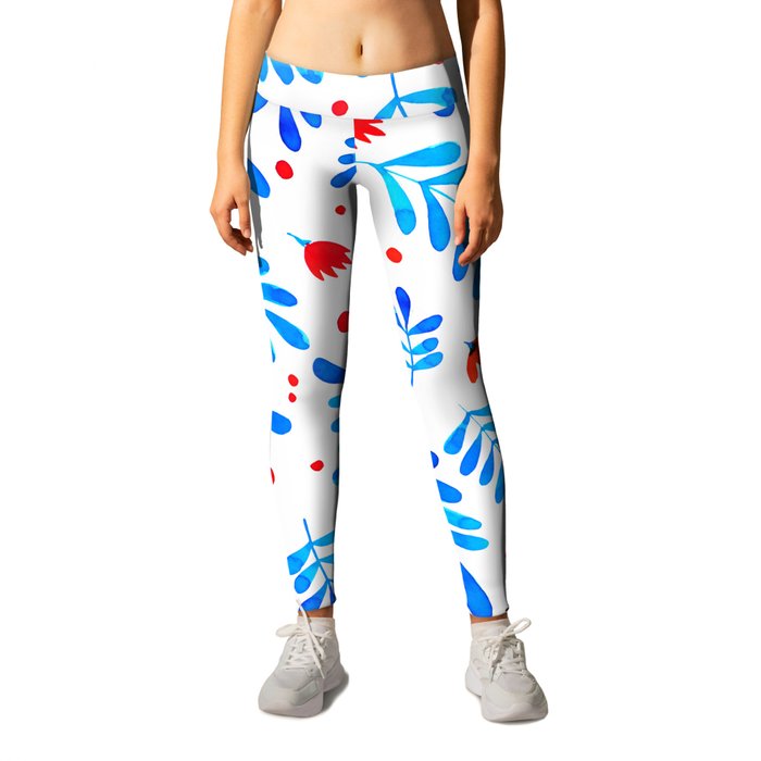 Watercolor branches and flowers - blue and orange Leggings