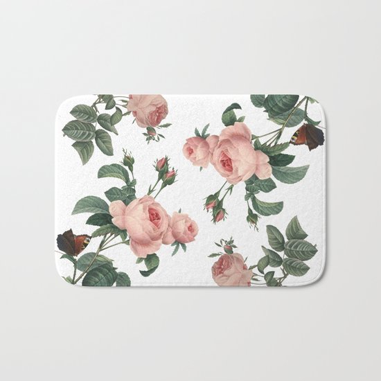 Rose Garden Butterfly Pink on White Bath Mat