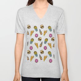 Fast Food Heaven Illustrated Pattern V Neck T Shirt