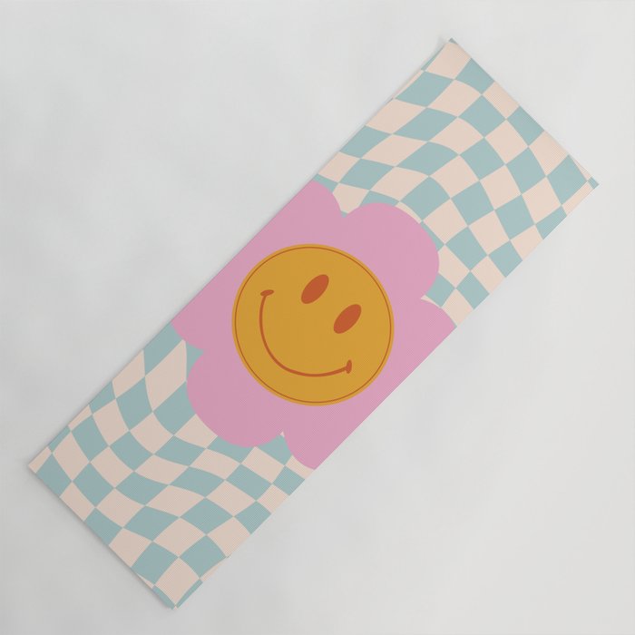 Smiley Flower Face on Pastel Warped Checkerboard Yoga Mat