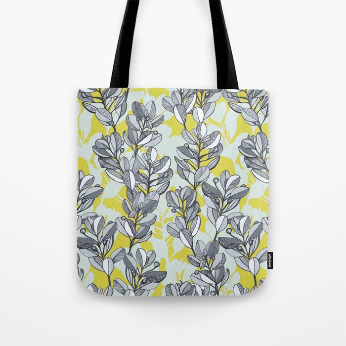 Leaf and Berry Sketch Pattern in Mustard and Ash Tote Bag