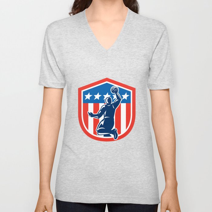 American Basketball Player Dunk Rear Shield Retro V Neck T Shirt