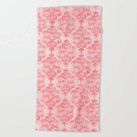 Vintage Retro Damask Watercolor Pattern Pastel Pink Beach Towel