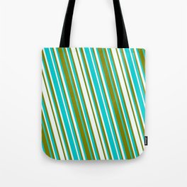 [ Thumbnail: Dark Turquoise, Mint Cream, and Green Colored Striped/Lined Pattern Tote Bag ]