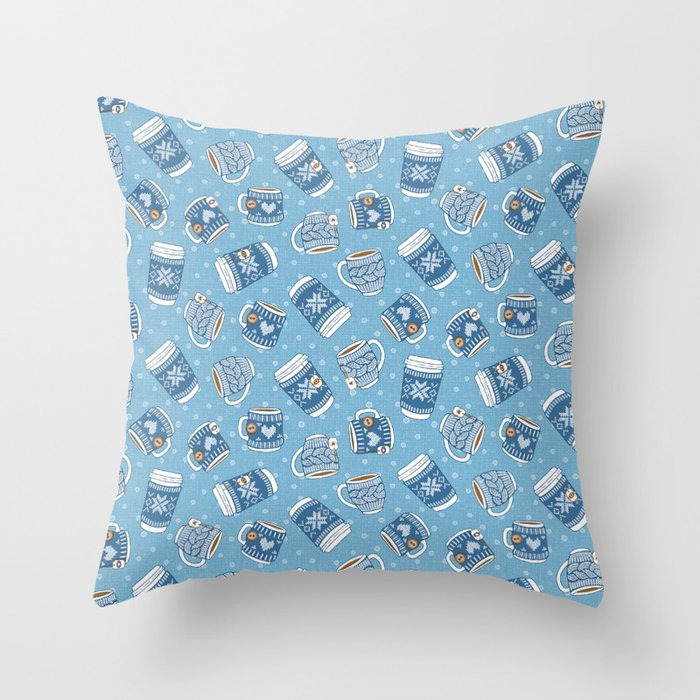 Cozy Blue Mugs Throw Pillow