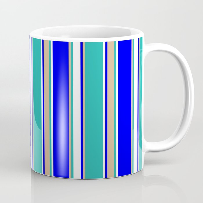 Blue, Tan, Light Sea Green, and White Colored Striped Pattern Coffee Mug