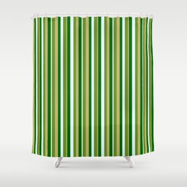 [ Thumbnail: Green, Dark Khaki, Dark Green & Light Cyan Colored Lined Pattern Shower Curtain ]