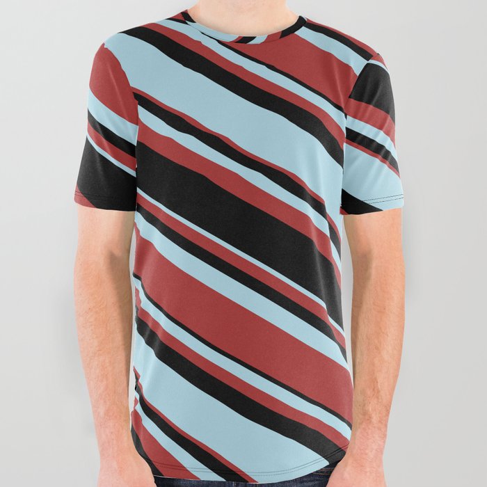 Light Blue, Brown, and Black Colored Stripes/Lines Pattern All Over Graphic Tee