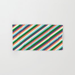 [ Thumbnail: Coral, Light Yellow, Light Sky Blue, Green & Dark Slate Blue Colored Lined/Striped Pattern Hand & Bath Towel ]