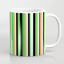 [ Thumbnail: Brown, Lime Green, Black & Mint Cream Colored Stripes Pattern Coffee Mug ]