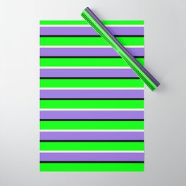 [ Thumbnail: Purple, Black, Lime & Beige Colored Pattern of Stripes Wrapping Paper ]