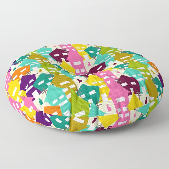 Colorful houses and cats Floor Pillow