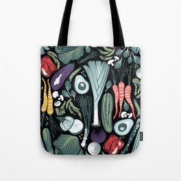 Go veggie // black background sage green mint goldenrod yellow coral and purple beet vegetables Tote Bag