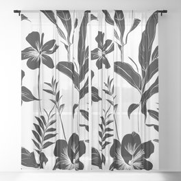 Black & White Tropical Flower Art Pattern Print Sheer Curtain