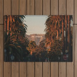 USA Photography - Palm Trees And The Hollywood Sign Outdoor Rug