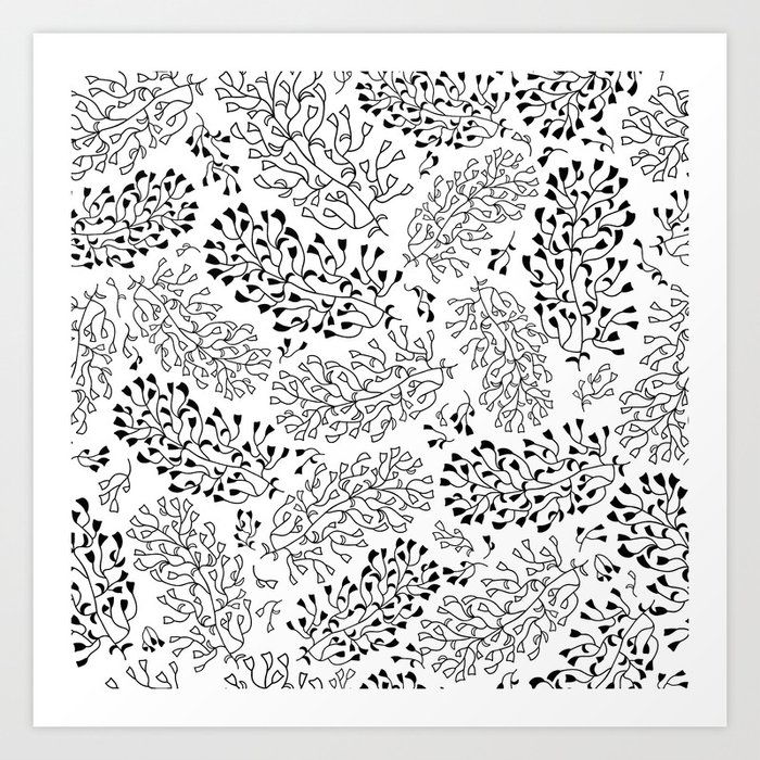 Elegant black and white seaweed floral pattern Art Print
