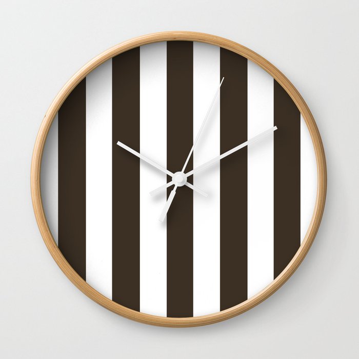Cola brown - solid color - white vertical lines pattern Wall Clock