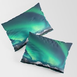Norway Photography - Green Northern Lights Over Snowy Mountains Pillow Sham