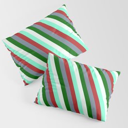 [ Thumbnail: Mint Cream, Aquamarine, Red, Light Slate Gray, and Dark Green Colored Striped/Lined Pattern Pillow Sham ]