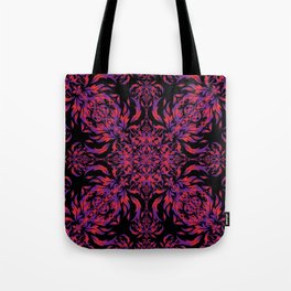 Seamless ornament. Modern geometric seamless pattern with red and purple repeating elements on a black background.  Tote Bag