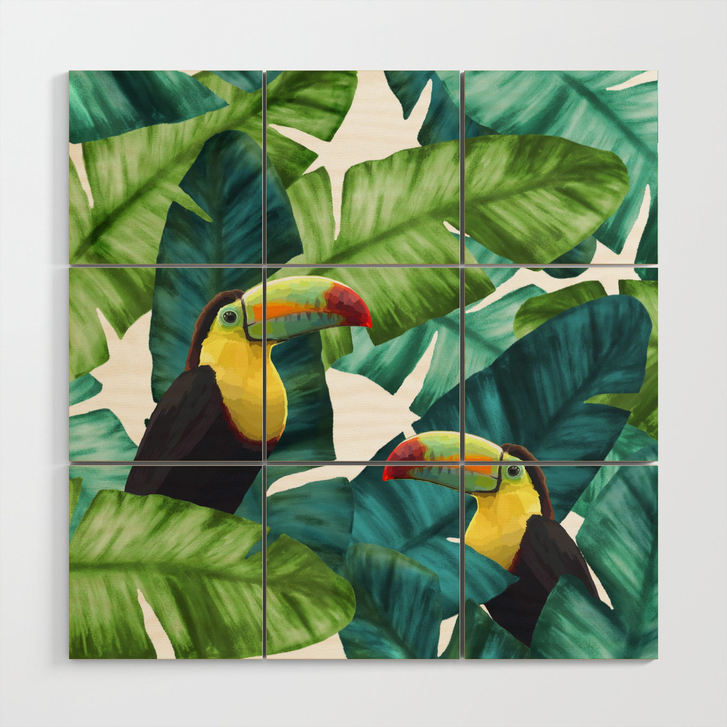 Toucans Tropical Banana Leaves Pattern Wood Wall Art By
