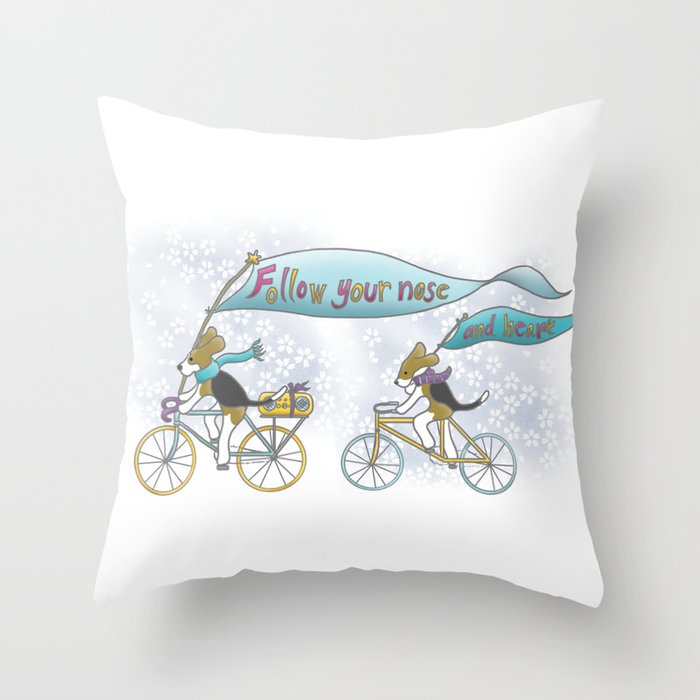 'Follow Your Nose ... and Heart' Beagles on Bicycles Throw Pillow