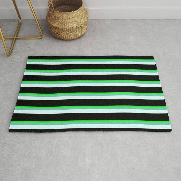 Lime, Aquamarine, Light Cyan, and Black Colored Striped Pattern Rug