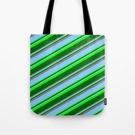 [ Thumbnail: Light Sky Blue, Lime, Dark Green & Grey Colored Striped Pattern Tote Bag ]
