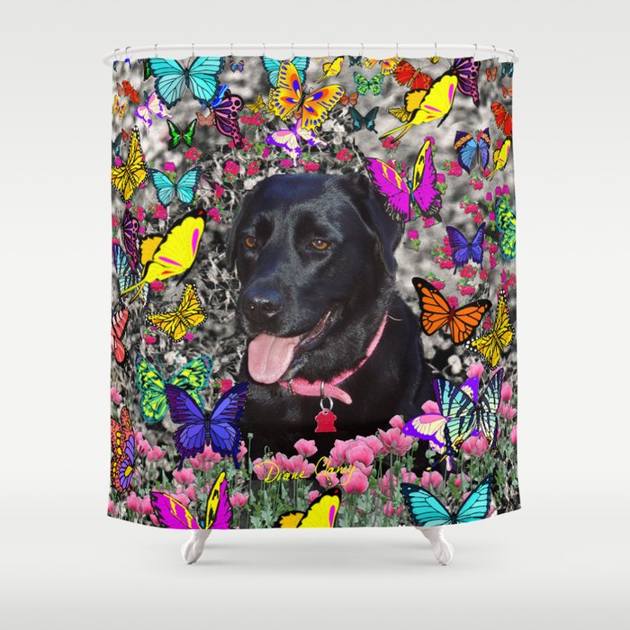 Abby in Butterflies - Black Labrador Dog Shower Curtain