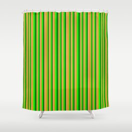 [ Thumbnail: Brown, Goldenrod, Lime, and Green Colored Striped/Lined Pattern Shower Curtain ]