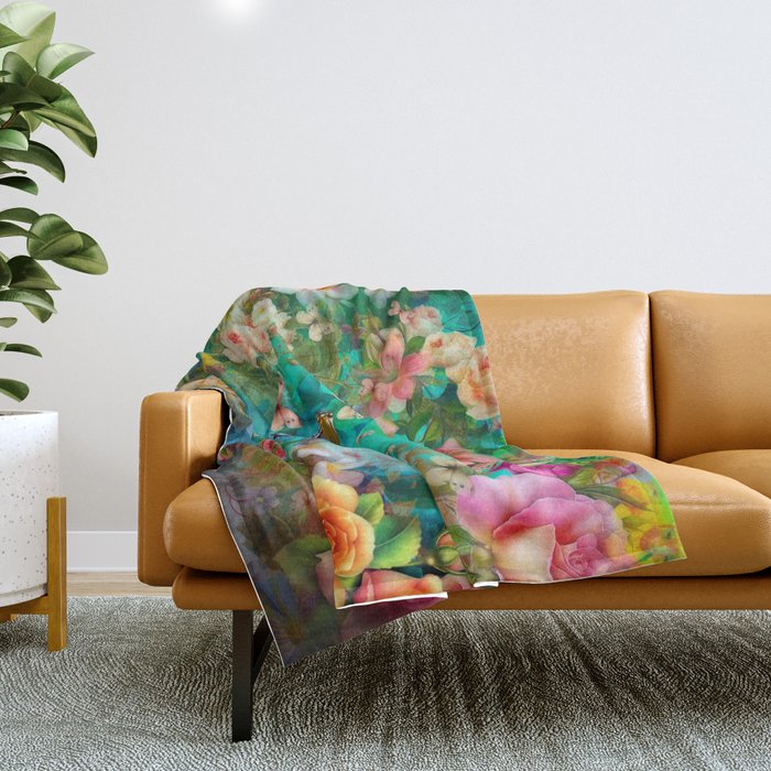 Butterfly in colorful floral garden bohemian fantasy Throw Blanket