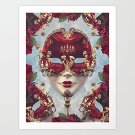 Floral Decadence - Red & Gold Venetian Mask Art Print