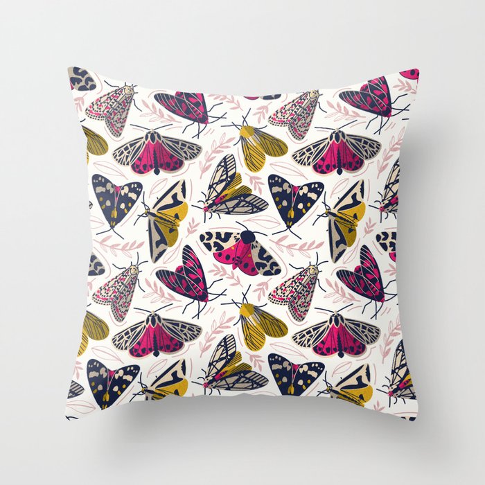 Quirky beautiful moths // natural white background oxford navy blue ivory yellow and fuchsia pink tiger moth insects Throw Pillow