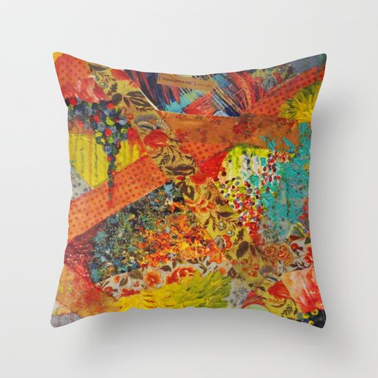 Pieces of Me - Gorgeous Bold Fabric Painting Collage Love Colorful Rainbow Yellow Red Stripes Floral Throw Pillow