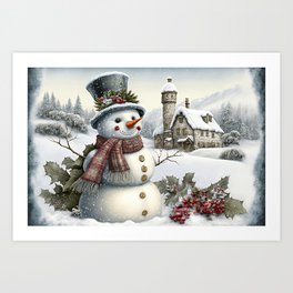 Vintage Christmas Snowman Art Print