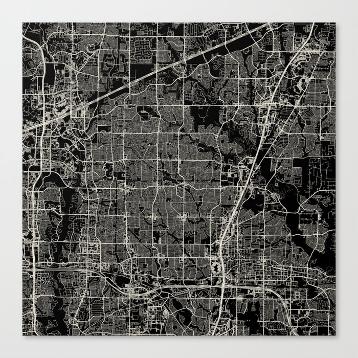 USA PLANO City Map - Black and White Canvas Print