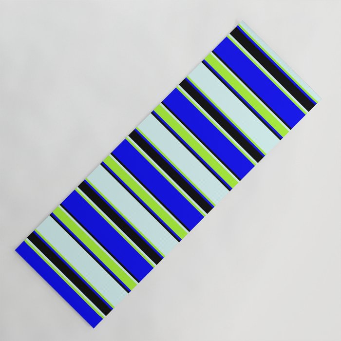 Blue, Light Green, Light Cyan & Black Colored Striped/Lined Pattern Yoga Mat