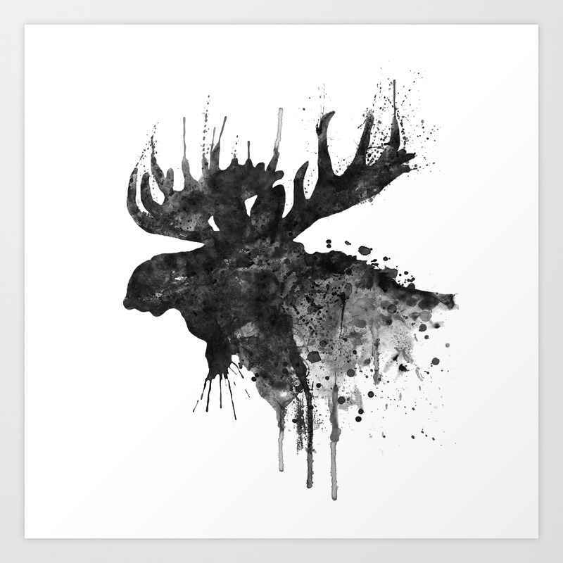 Black And White Moose Head Watercolor Silhouette Art Print By