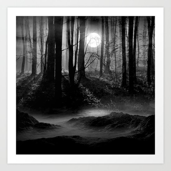 Mystical Dark & Eerie Forest with Moon (Black & White) Art Print