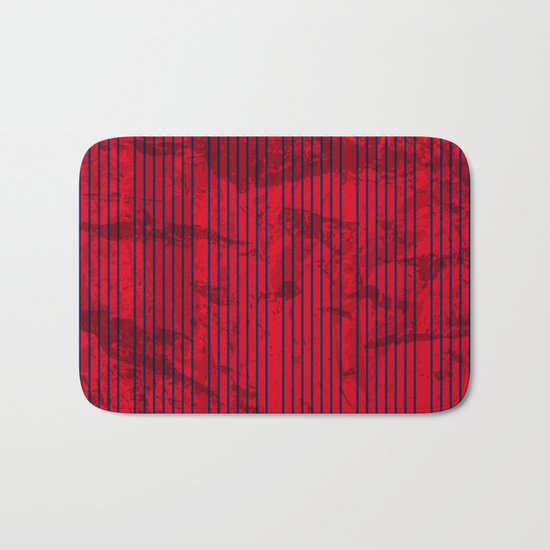 Grunge Blue stripes on bold red background Bath Mat