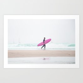 Surfing Beach Vibes - Pink Surf Board - Ocean Print - Sea Travel photography by Ingrid Beddoes Art Print